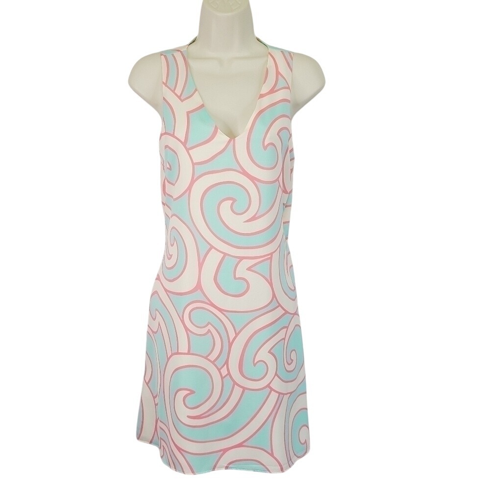 Julie Brown NYC Women Petite P Swirl Print V-Neck Sleeveless Shift Dress Pnk Mnt